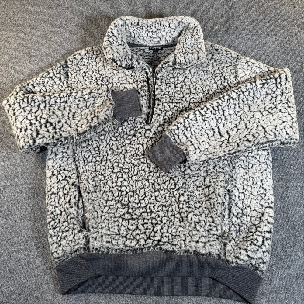 Express Mens Gray Sherpa Fleece Quarter Zip Pullover‎ Faux Fur Jacket XS #3606 - Picture 2 of 7